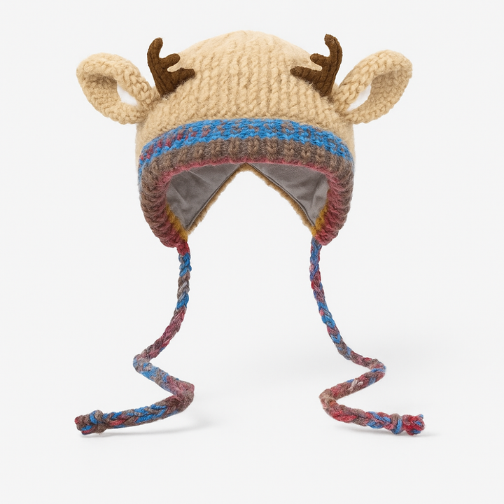Women Knit Reindeer Animal Ear Flap Winter Hat Beanie