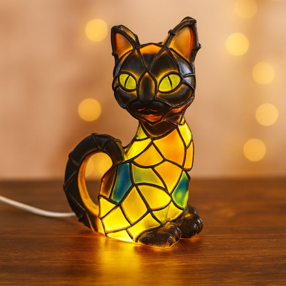 Resin Cat Lamp Tiffany Style Figurine Warm Glow Table Lamp