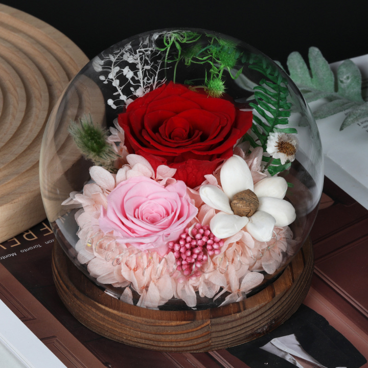 Rose Mothers Day Gift Preserved Flower Dome LED Table Decoration