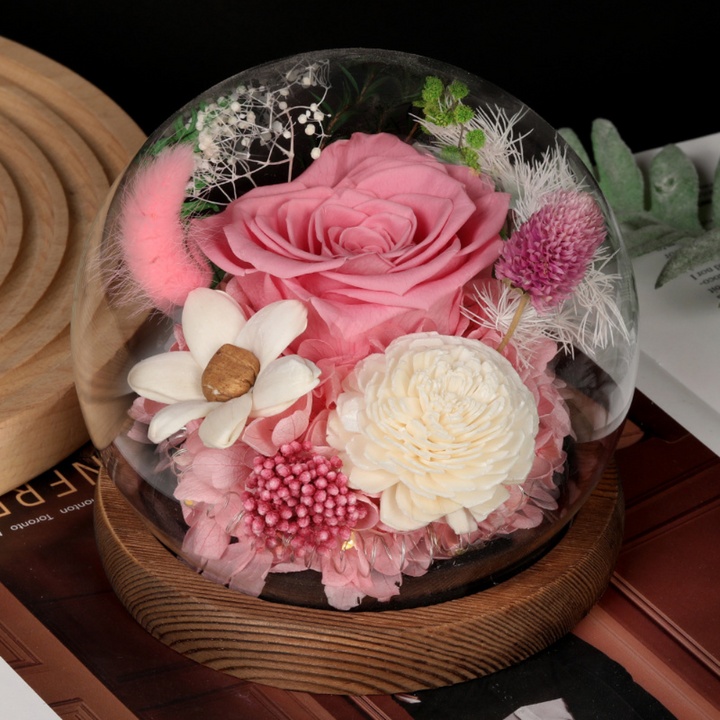 Rose Mothers Day Gift Preserved Flower Dome LED Table Decoration