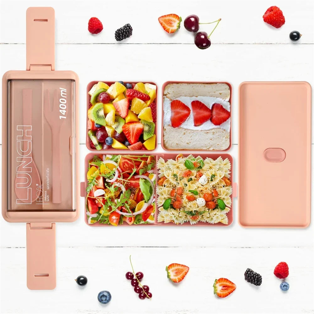 1400ml Double Layer Bento Box | Portable Lunch Box with Fork &amp; Spoon – Microwave Safe Food Storage for Kids &amp; Adults