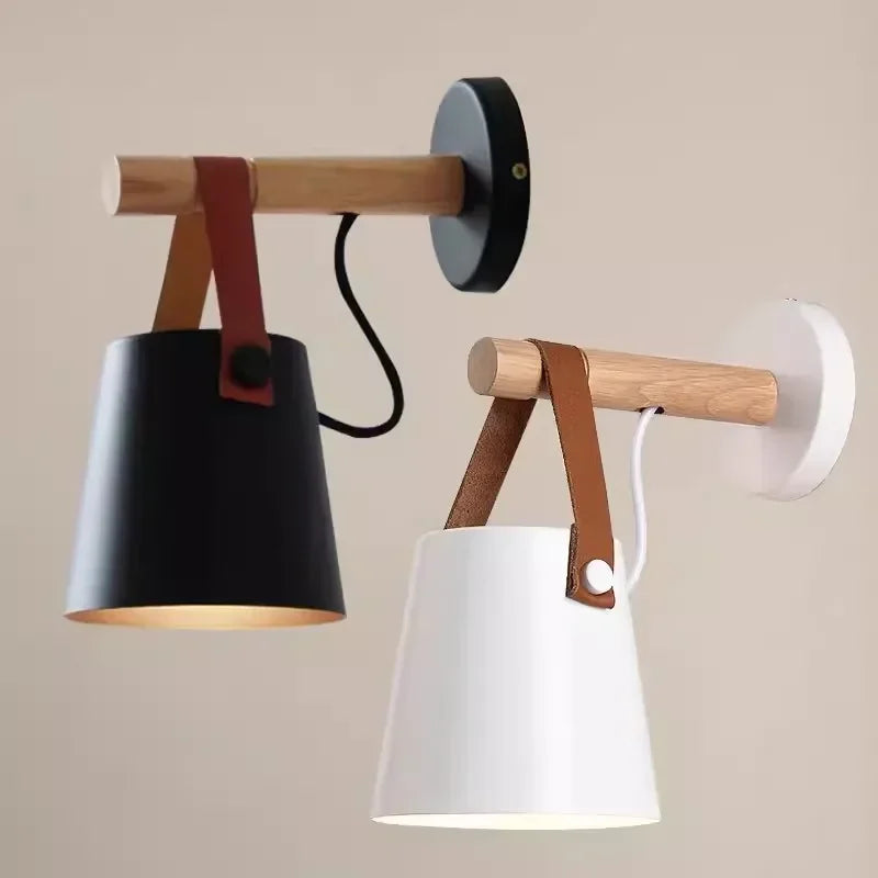Nordic Wood &amp; Leather Wall Lamp | Hanging Bedside Light