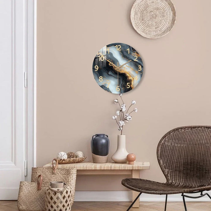 Blue &amp; Gold Marble Wall Clock | Silent Wooden Design