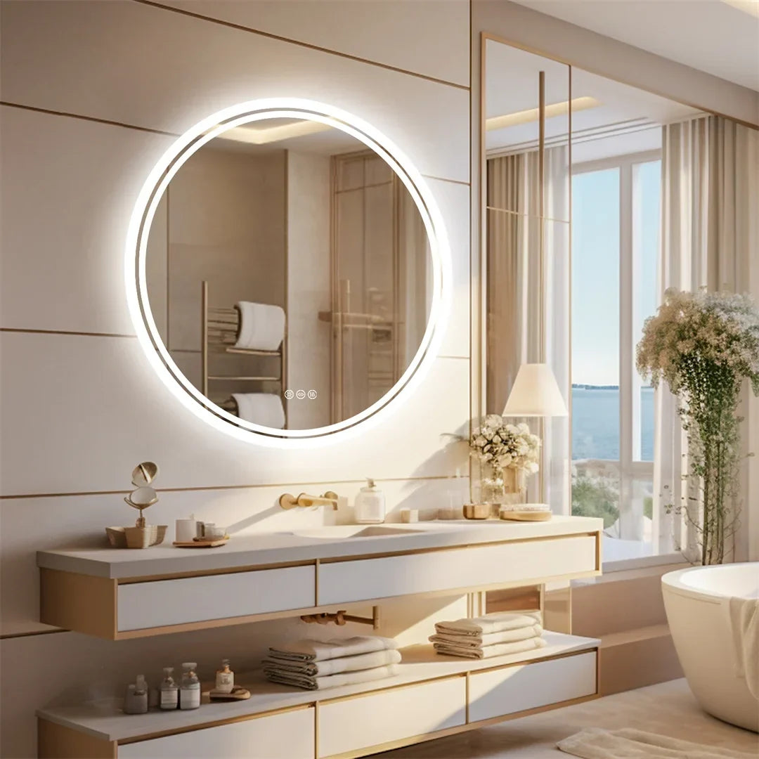 LuvoRound | Round LED Bathroom Mirror | Anti-Fog &amp; Dimmable Touch Screen