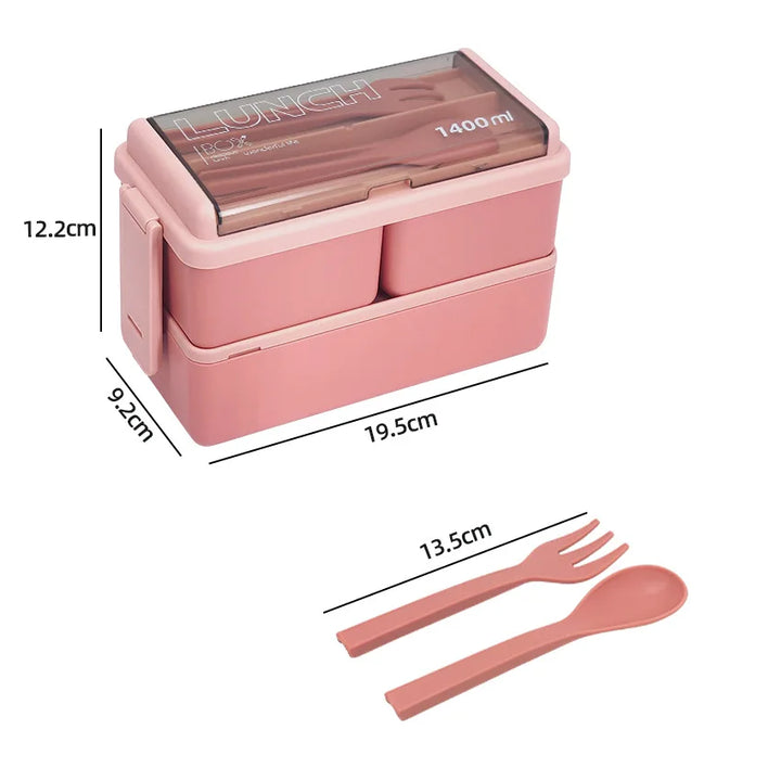 1400ml Double Layer Bento Box | Portable Lunch Box with Fork &amp; Spoon – Microwave Safe Food Storage for Kids &amp; Adults