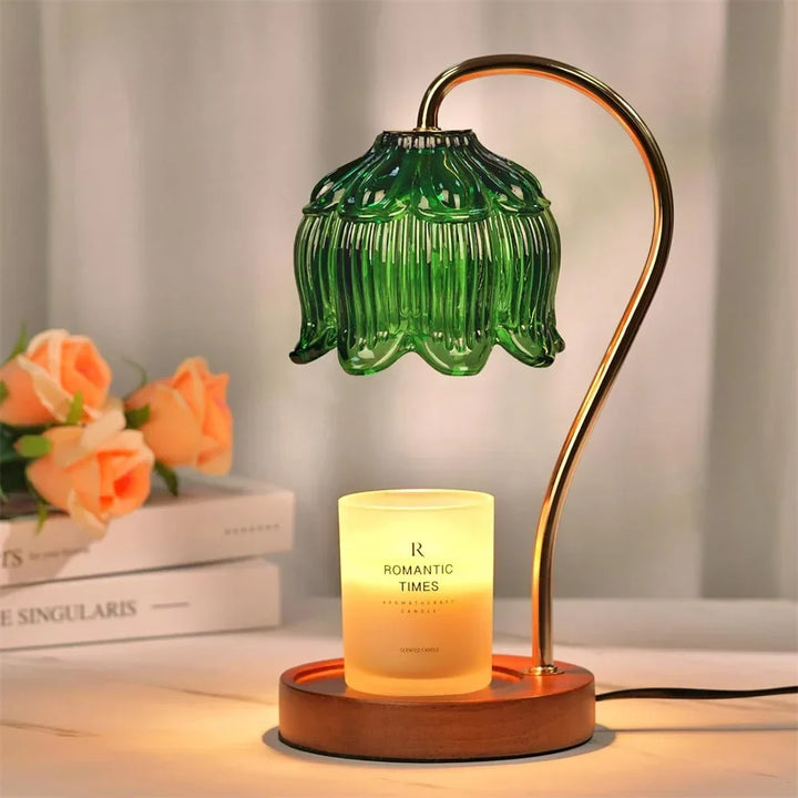 Candle Warmer Lamp | Retro Glass Shade &amp; Solid Wood Base