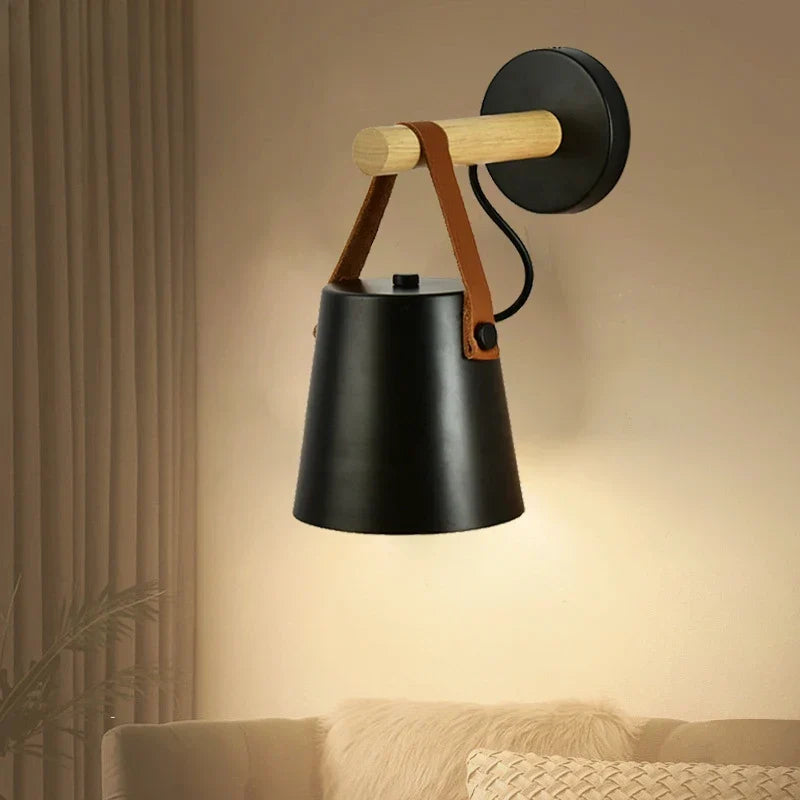 Nordic Wood &amp; Leather Wall Lamp | Hanging Bedside Light