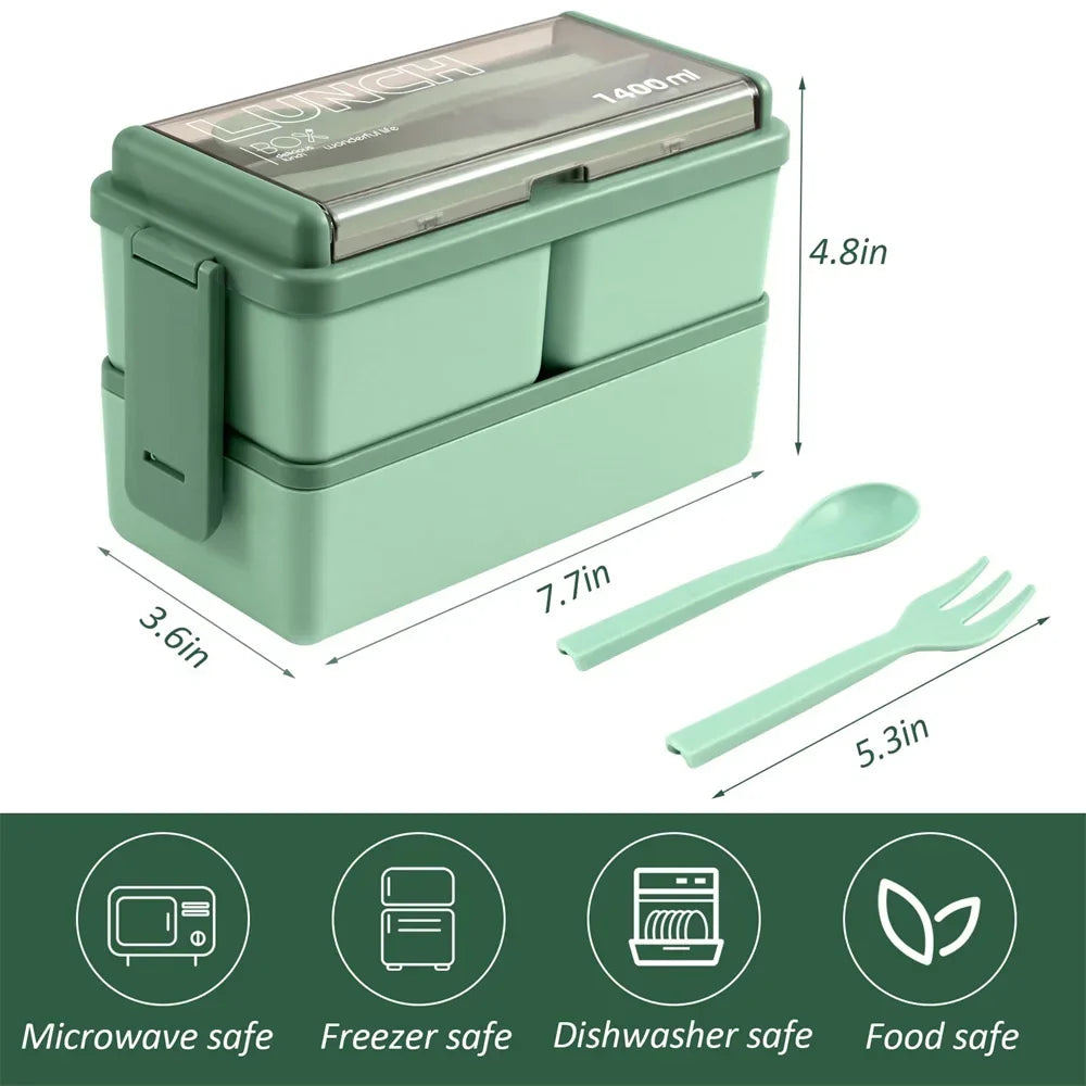 1400ml Double Layer Bento Box | Portable Lunch Box with Fork &amp; Spoon – Microwave Safe Food Storage for Kids &amp; Adults