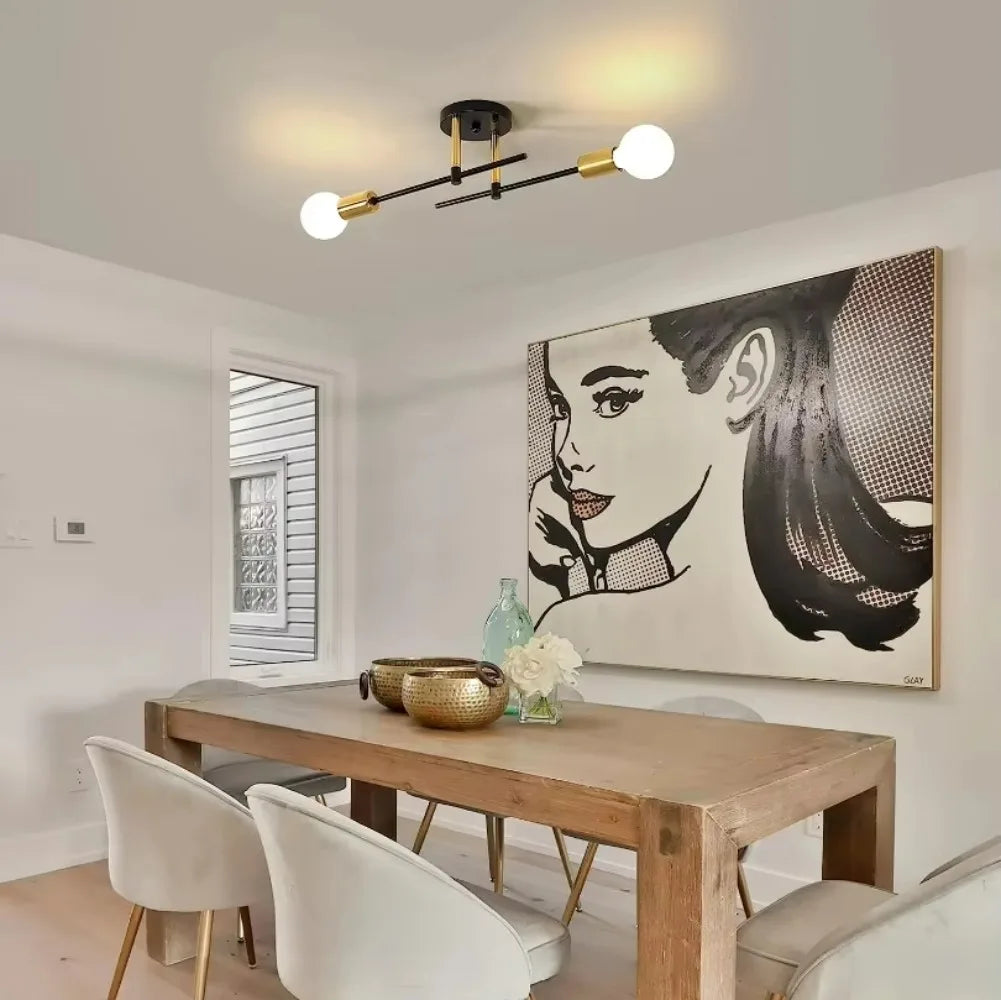 Modern 2-Light Ceiling Lamp | Black &amp; Gold Flush Mount Chandelier