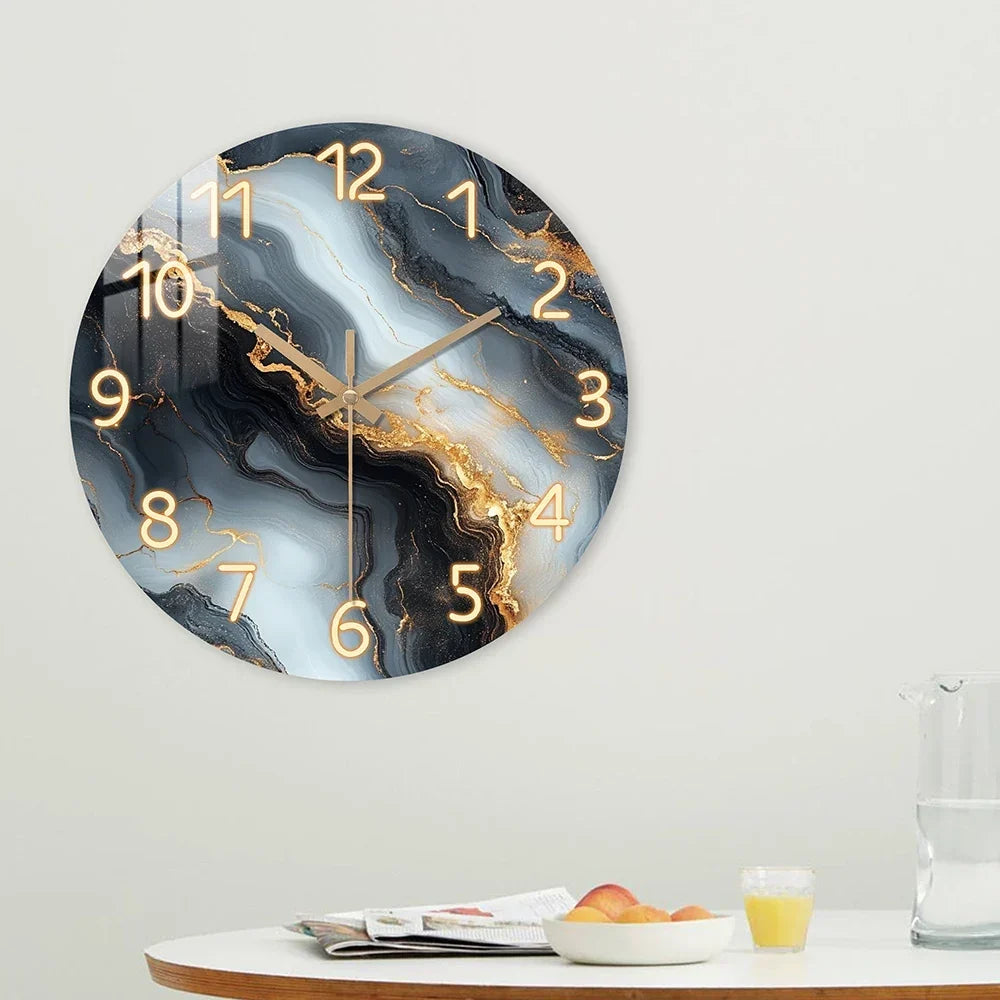 Blue &amp; Gold Marble Wall Clock | Silent Wooden Design