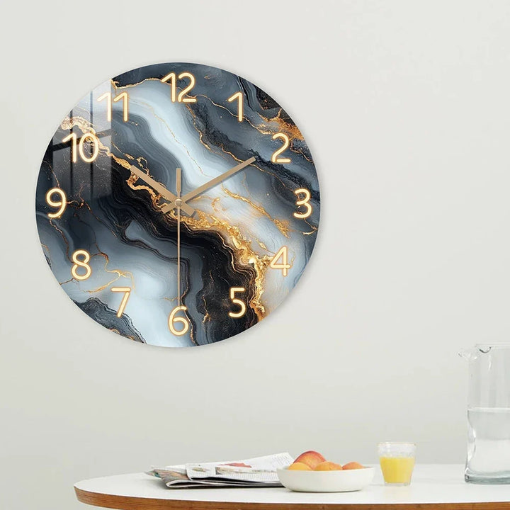 Blue &amp; Gold Marble Wall Clock | Silent Wooden Design