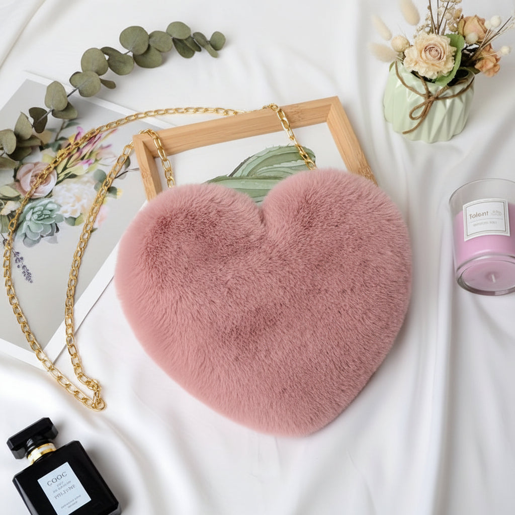 Shoulder Bag Faux Fur Heart Crossbody Chain Purse