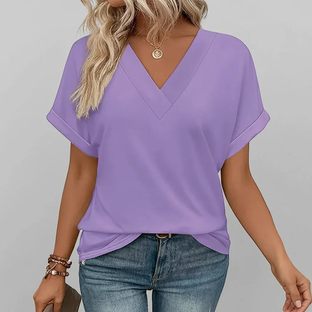 Women T Shirt Casual V Neck Loose Fit Short Sleeve Summer Top