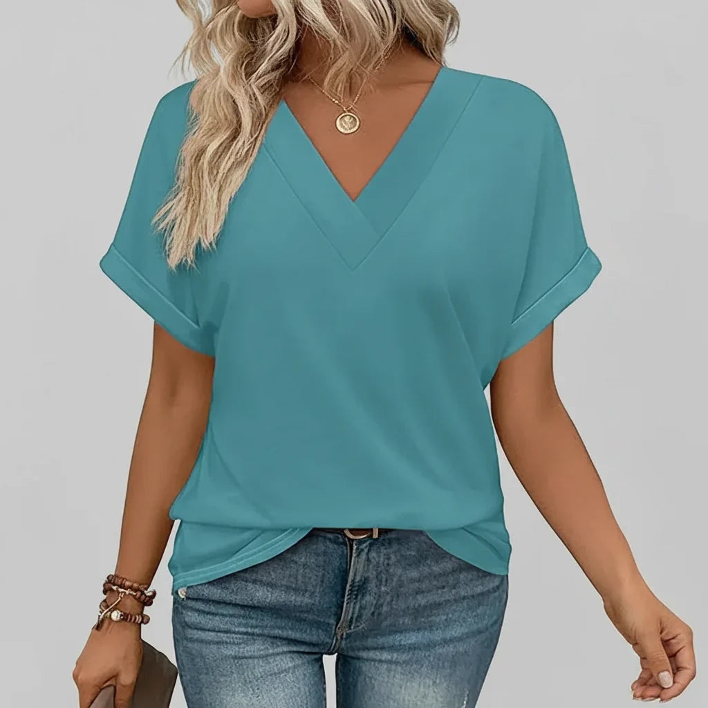 Women T Shirt Casual V Neck Loose Fit Short Sleeve Summer Top