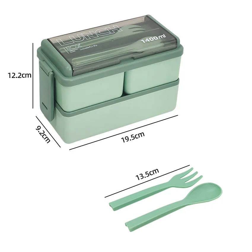1400ml Double Layer Bento Box | Portable Lunch Box with Fork &amp; Spoon – Microwave Safe Food Storage for Kids &amp; Adults