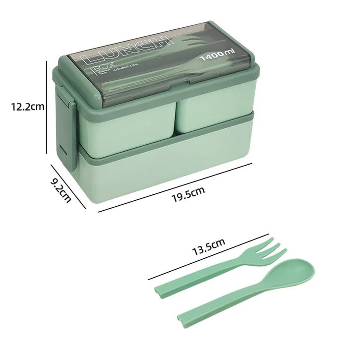 1400ml Double Layer Bento Box | Portable Lunch Box with Fork &amp; Spoon – Microwave Safe Food Storage for Kids &amp; Adults