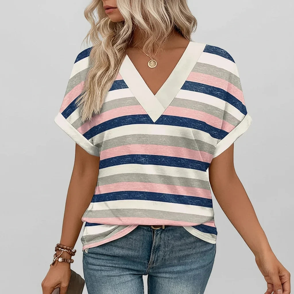 Women T Shirt Casual V Neck Loose Fit Short Sleeve Summer Top