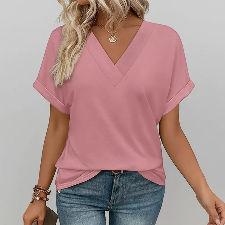 Women T Shirt Casual V Neck Loose Fit Short Sleeve Summer Top