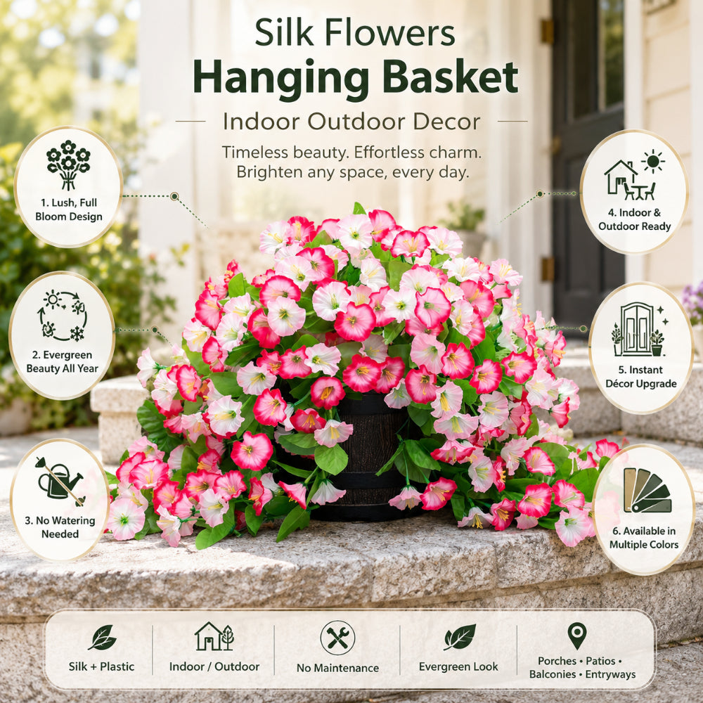 Silk Flowers Hanging Basket Indoor Outdoor Decor