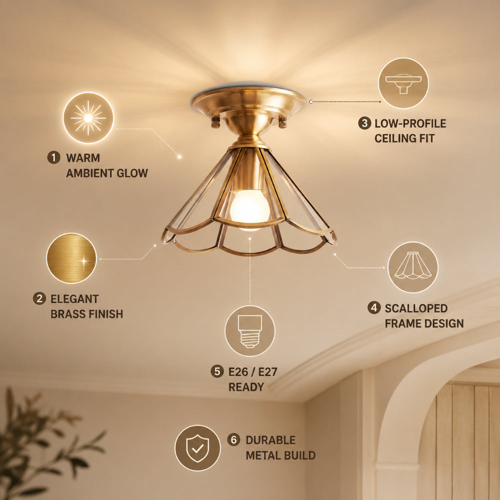 Single-Bulb Flush Mount Lighting Minimalism Scalloped Metal Semi Flush Mount in Brass