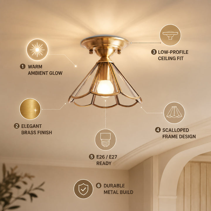 Single-Bulb Flush Mount Lighting Minimalism Scalloped Metal Semi Flush Mount in Brass