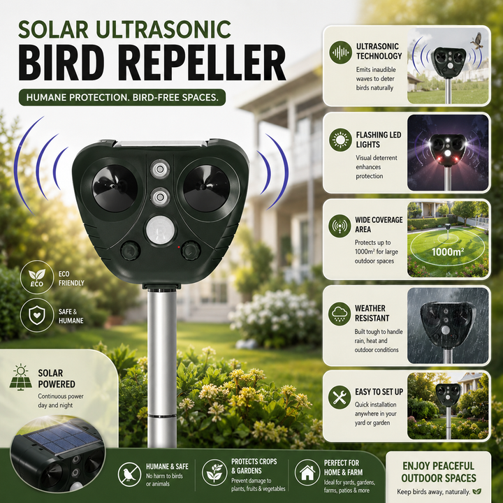 Solar Ultrasonic Bird Repeller Outdoor Garden Yard Pest Control