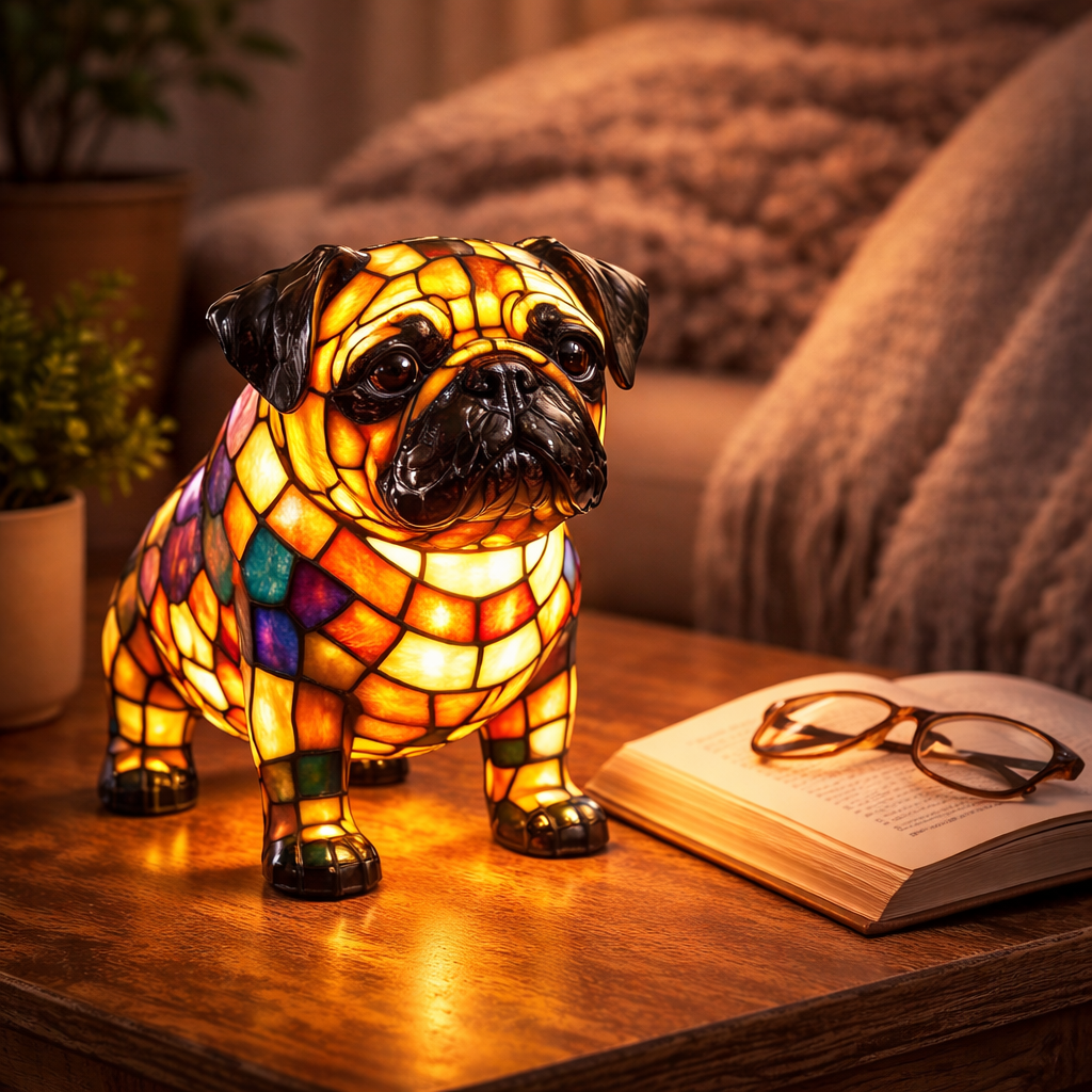 LED Table Lamp Dog Figurine Stained Glass Night Light Bedroom