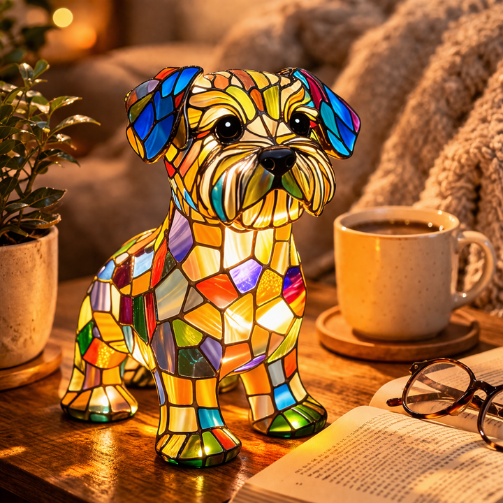 LED Table Lamp Dog Figurine Stained Glass Night Light Bedroom
