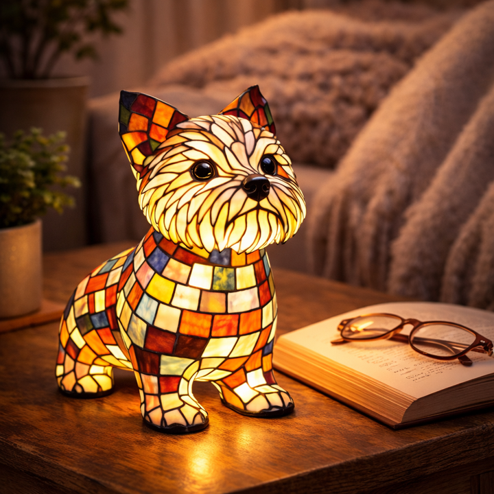 LED Table Lamp Dog Figurine Stained Glass Night Light Bedroom