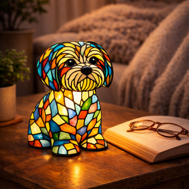 LED Table Lamp Dog Figurine Stained Glass Night Light Bedroom