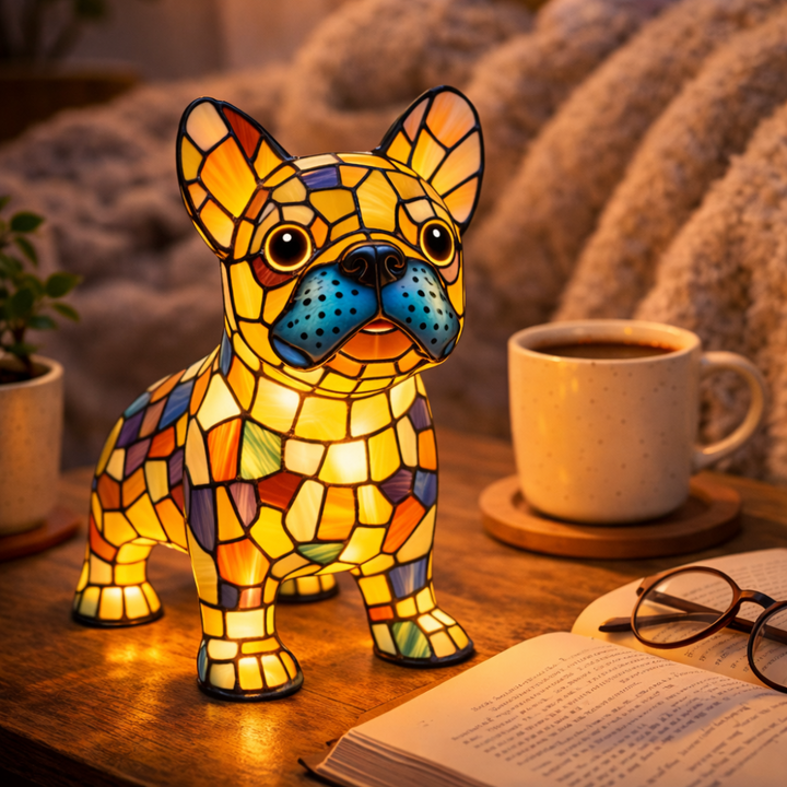 LED Table Lamp Dog Figurine Stained Glass Night Light Bedroom