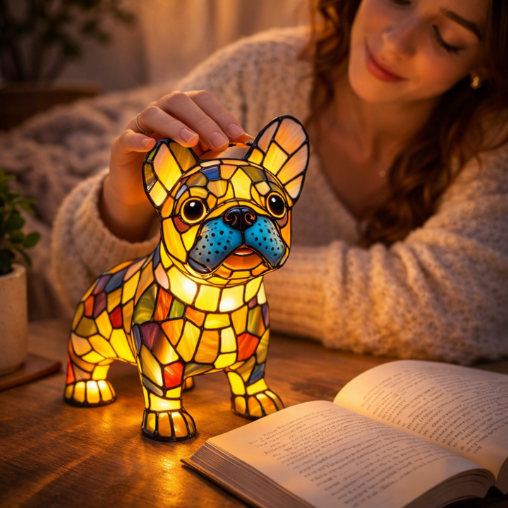 LED Table Lamp Dog Figurine Stained Glass Night Light Bedroom
