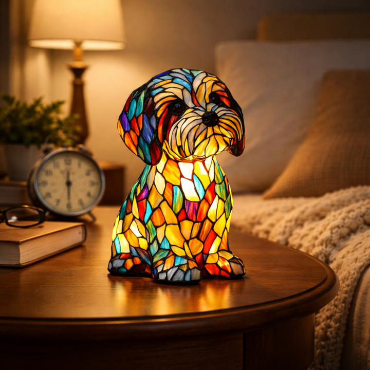 LED Table Lamp Dog Figurine Stained Glass Night Light Bedroom
