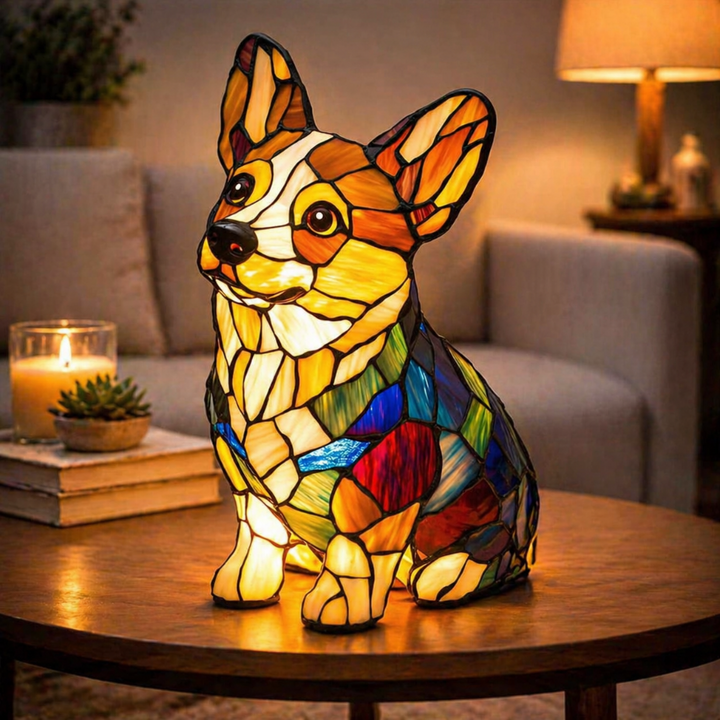 Table Lamp Stained Glass Dog LED Night Light Decorative Desk Lamp