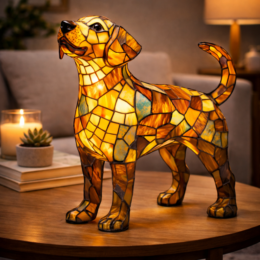Table Lamp Stained Glass Dog LED Night Light Decorative Desk Lamp