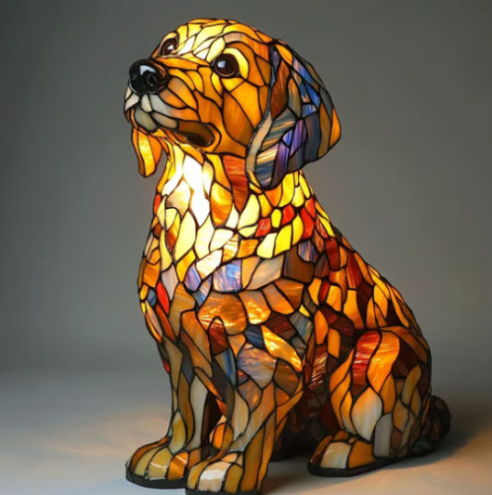 Table Lamp Stained Glass Dog LED Night Light Decorative Desk Lamp
