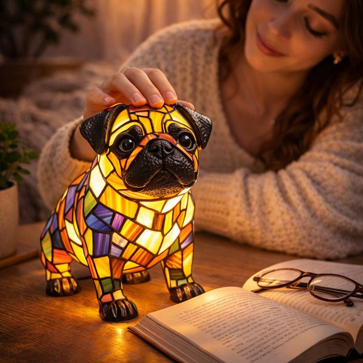 LED Table Lamp Dog Figurine Stained Glass Night Light Bedroom