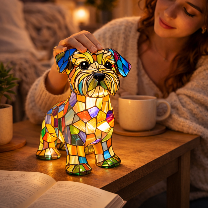 LED Table Lamp Dog Figurine Stained Glass Night Light Bedroom