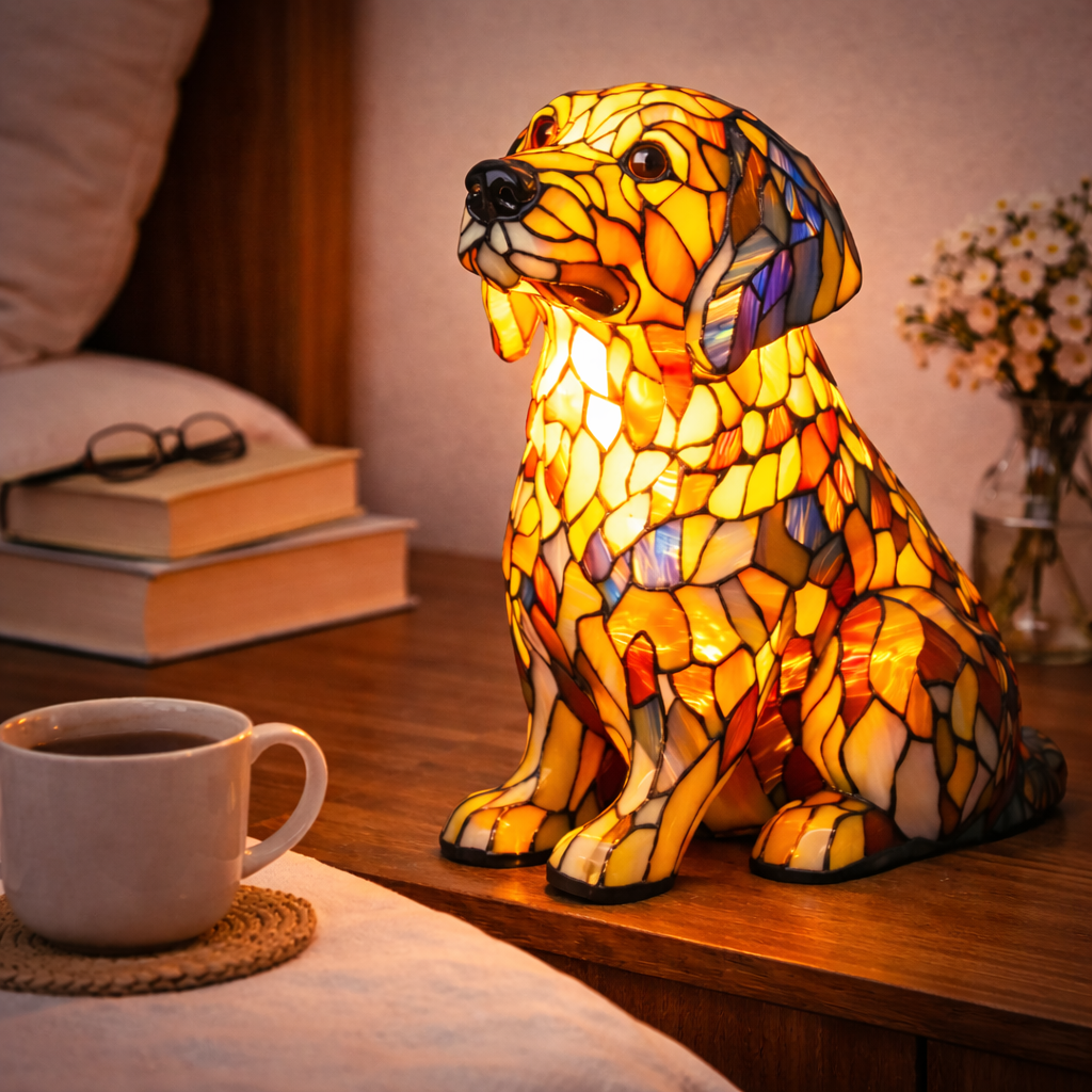 colorful Dog Table Lamp Stained Glass LED Night Light Bedroom
