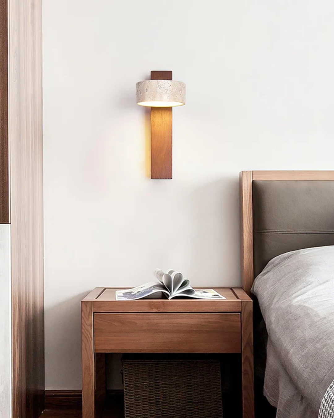 Travertine Wall Lamp | Modern Stone &amp; Wood Sconce