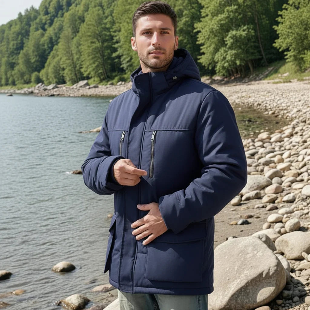 Men Winter Jacket Hooded Lined Parka Coat Windproof Insulated