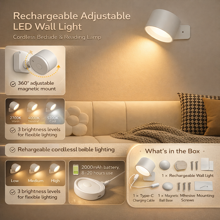 Wall Light Rechargeable LED Adjustable Magnetic Mount