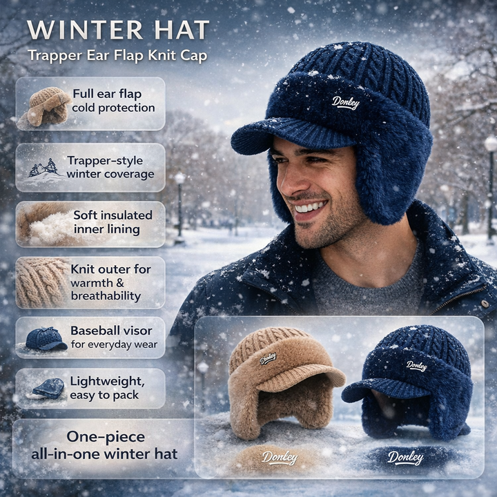 Trapper Winter Hat Ear Flap Knit Cap Visor