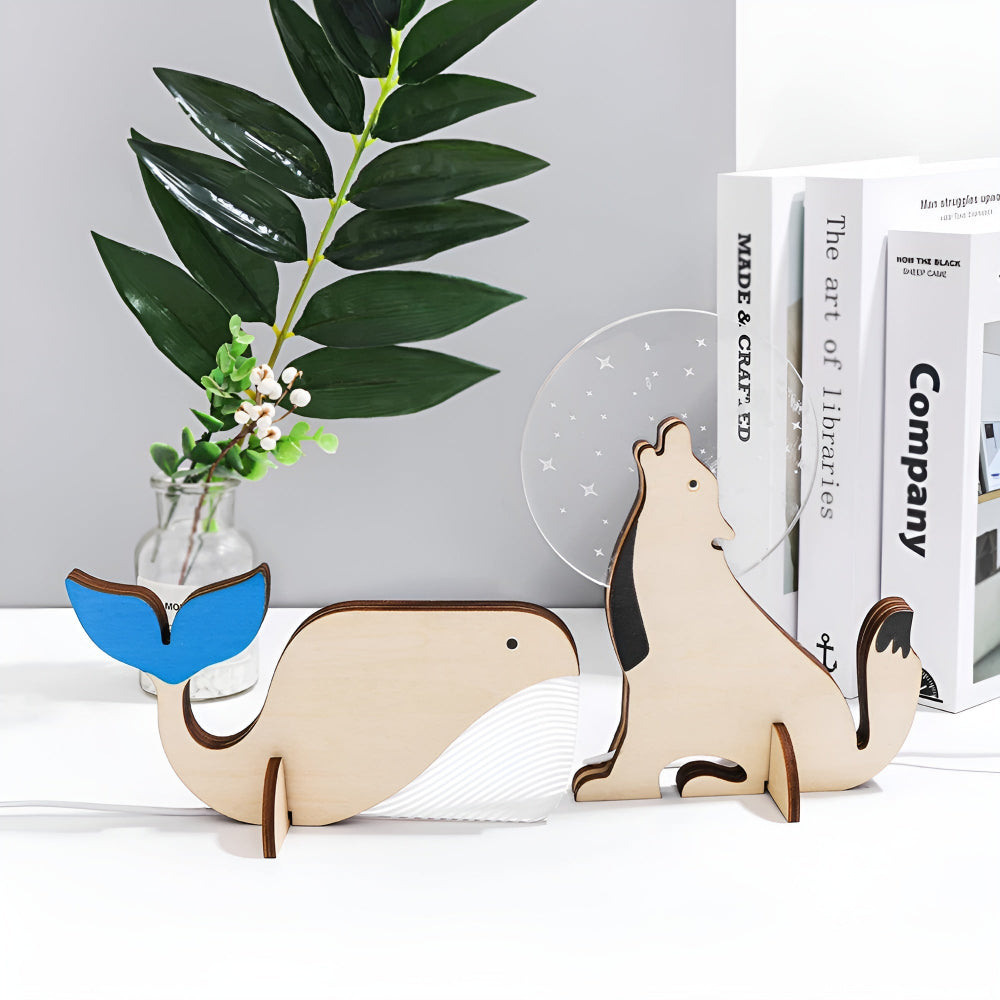Animal Table Lamp Wooden LED Night Light Kids Room Decor