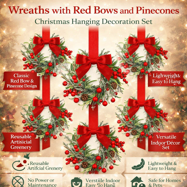 Christmas Wreath Hanging Red Bow Pinecone Holiday Decor