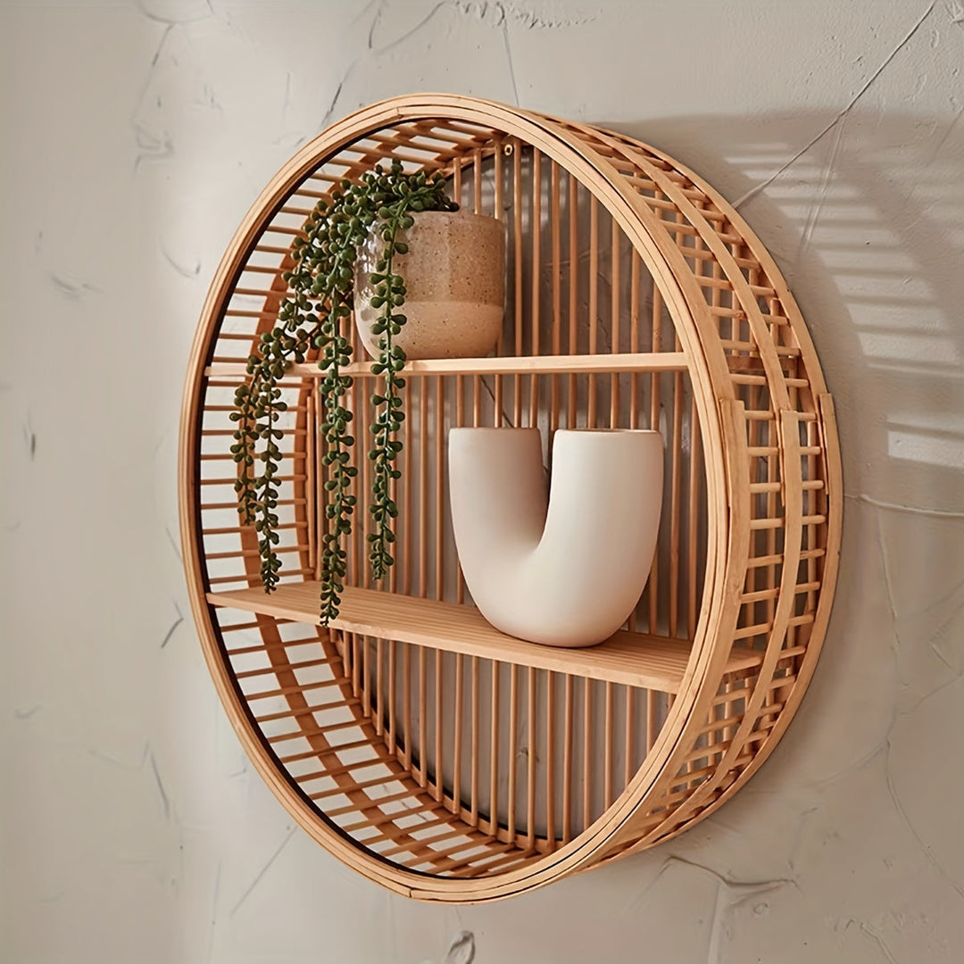 Round Bamboo Wall Shelf | Handmade Boho Floating Organizer