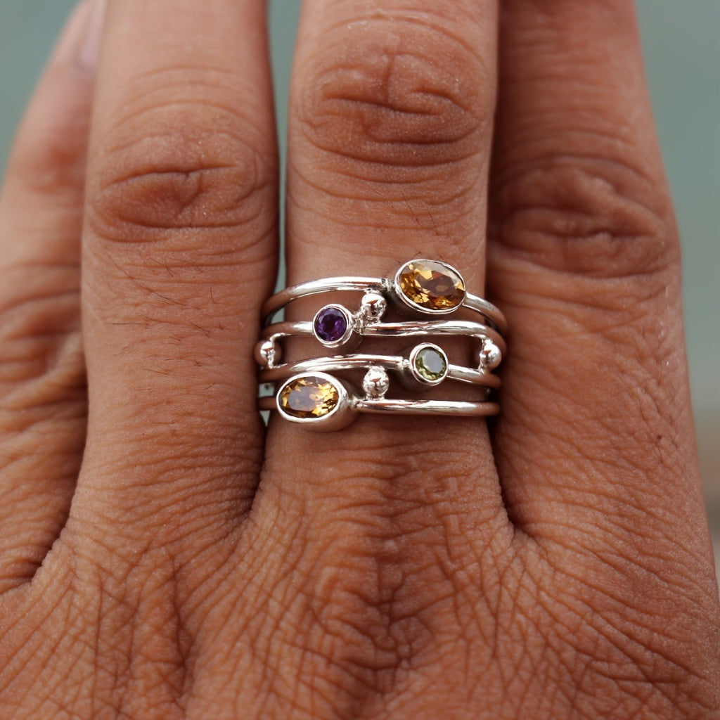 Birthstone Ring Silver Adjustable Boho Zircon Wrap Ring