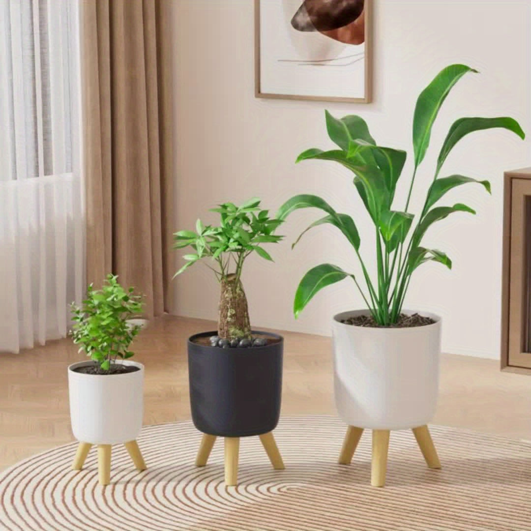 Modern Round Planter with Wooden Legs | Indoor &amp; Outdoor Decorative Plant Pot