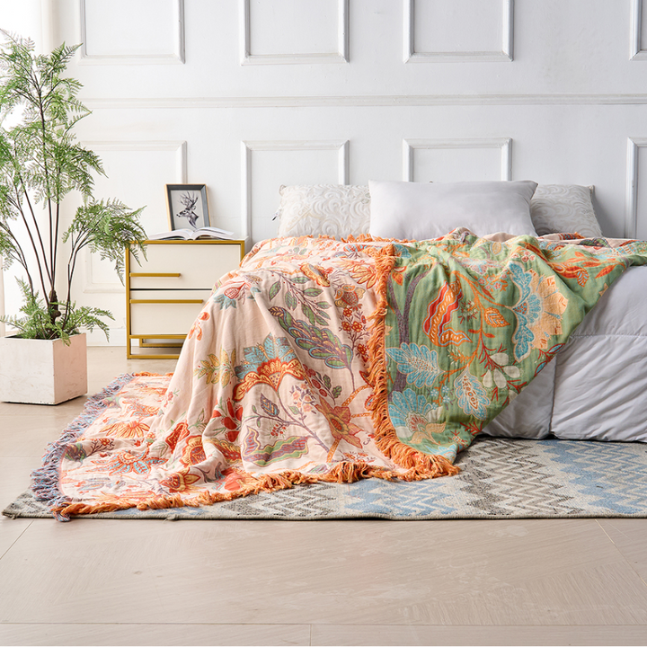 Blanket Throw Fringe Floral Boho Blanket