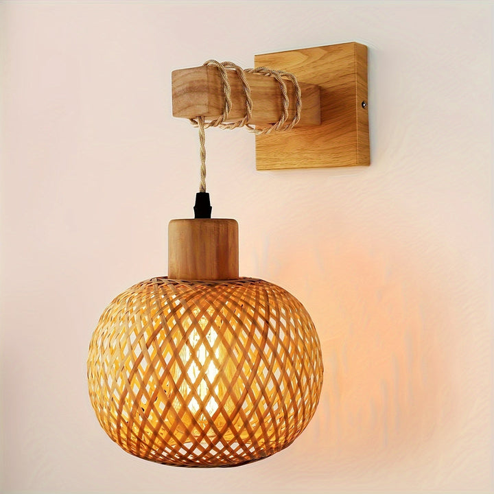 Rustic Wooden Wall Sconce | Handwoven Rattan &amp; Wood Light Fixture